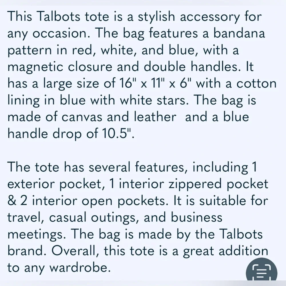 Talbots Canvas Tote Red White Blue Hankerchief Print Purse w Pockets Mag Closure